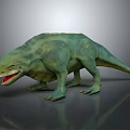 Realistic Green Dinosaur Model with Open Mouth and Sharp Teeth Standing on Shiny Surface