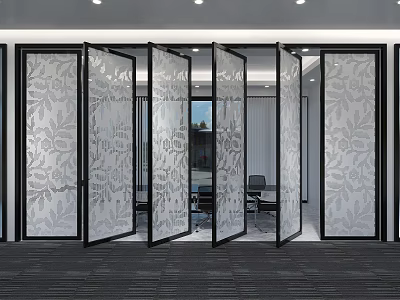 Modern Public Office Interior Featuring Frosted Glass Partitions and Sliding Doors 3d model