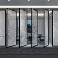 Modern Public Office Interior Featuring Frosted Glass Partitions and Sliding Doors