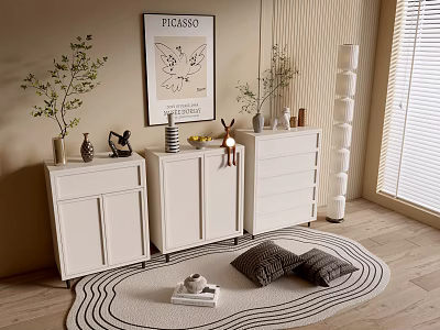 White Chest of Drawers in Cozy Interior with Decorative Plants Artwork Pillows and Rug 3d model