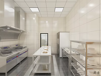 Modern Commercial Kitchen Interior With Stainless Steel Appliances Tiled Walls And Storage Racks 3d model