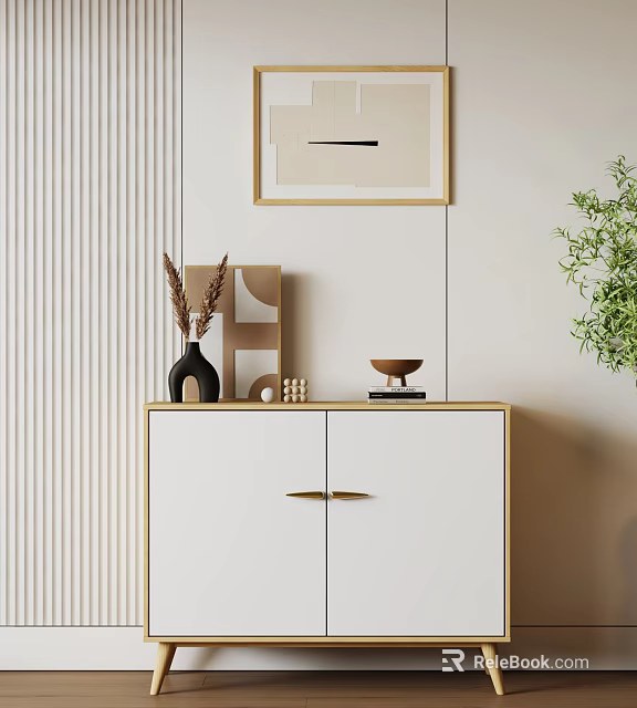 White Entryway Console Cabinet With Gold Handles On Striped Wall Decorative Items And Green Plant 3d model 