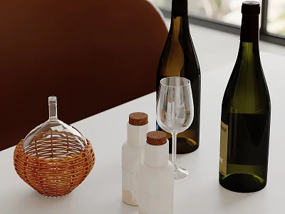 Stylish Tabletop Display Featuring Woven Basket Small Bottles With Corks Wine Glass And Wine Bottles 3d model