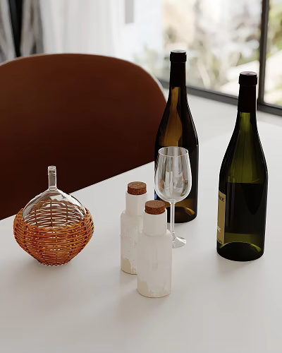 Stylish Tabletop Display Featuring Woven Basket Small Bottles With Corks Wine Glass And Wine Bottles 3d model