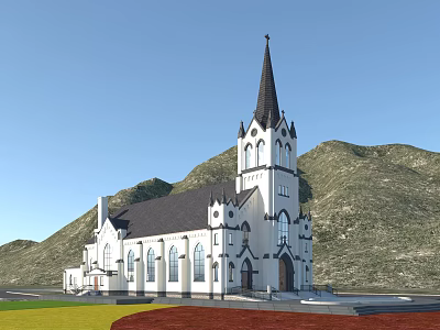 European Style Church Architecture With White Exterior Black Spire And Arched Windows 3d model