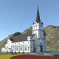 European Style Church Architecture With White Exterior Black Spire And Arched Windows