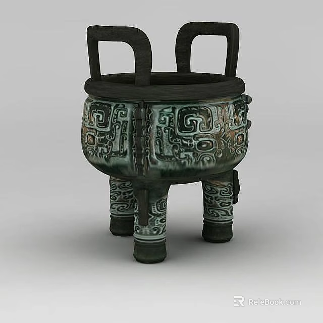 Technology Exhibition Hall Displaying Ancient Bronze Ding With Intricate Patterns And Animal Head Decorations 3d model 