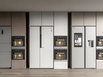 Modern Kitchen Interior With Various Refrigerators And Freezers And Cabinets 3d model