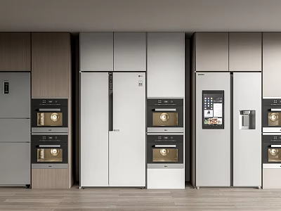 Modern Kitchen Interior With Various Refrigerators And Freezers And Cabinets 3d model