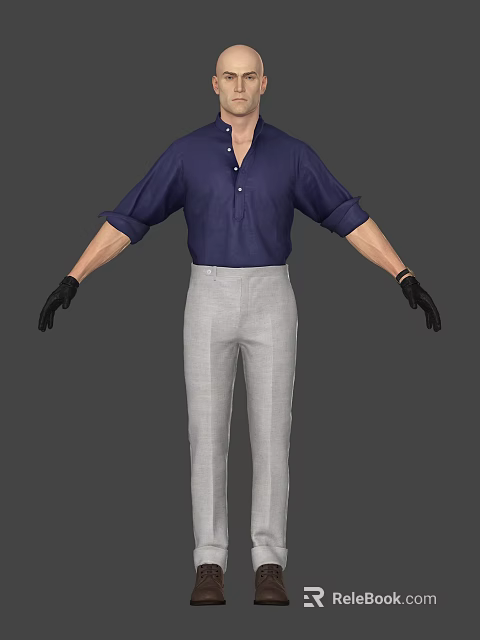 Man in Blue Shirt and Gray Pants with Black Gloves and Rolled-up Sleeves 3d model 