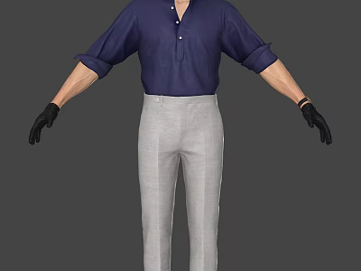 Man in Blue Shirt and Gray Pants with Black Gloves and Rolled-up Sleeves 3d model