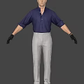 Man in Blue Shirt and Gray Pants with Black Gloves and Rolled-up Sleeves