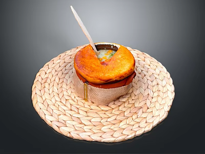 Creamy Soup in Pastry Crust Bowl on Woven Mat with Wooden Spoon 3d model
