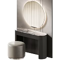 Modern Dressing Table Design With Round Mirror Marble Countertop And Stool