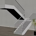 Modern Elegant Staircase with Glass Handrail Gold Railing Gray Steps Wooden Floor and Indoor Plant