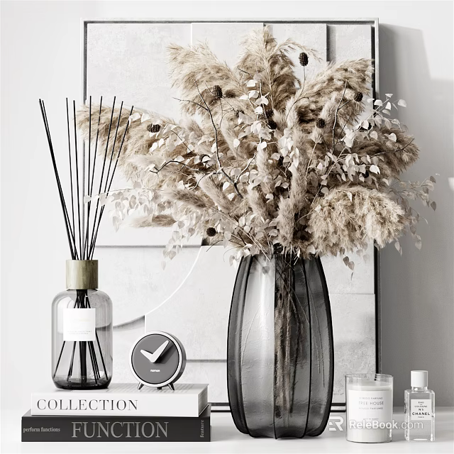 Modern Minimalist Decorative Ornament Combinations With Reed Diffuser Dried Flowers Small Clock And Candle 3d model 