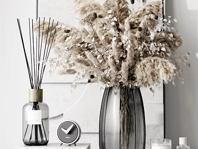 Modern Minimalist Decorative Ornament Combinations With Reed Diffuser Dried Flowers Small Clock And Candle 3d model