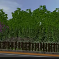 Natural Garden Landscape With Lush Green Trees Purple Flowers And Brown Fence Under Blue Sky