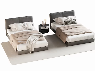 Two Single Beds With Dark Headboards Light Bedding And Nightstand In Modern Bedroom 3d model