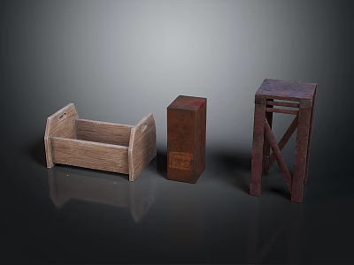 Small Wooden Furniture Collection Including Storage Box Square Container And Shelf Stand 3d model