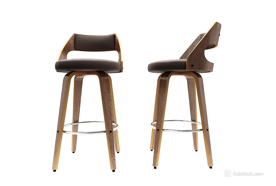 Stylish Modern Bar Stools With Wooden Frame Upholstered Seat And Metal Footrest Design 3d model 
