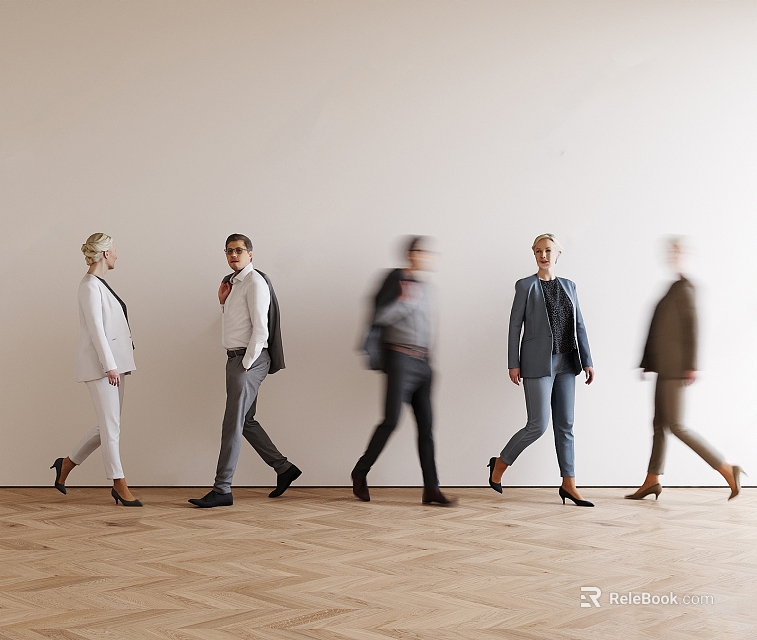 People In Formal Attire Walking Indoors With Light Wall And Wooden Floor 3d model 