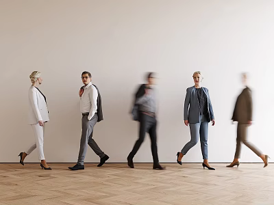 People In Formal Attire Walking Indoors With Light Wall And Wooden Floor 3d model