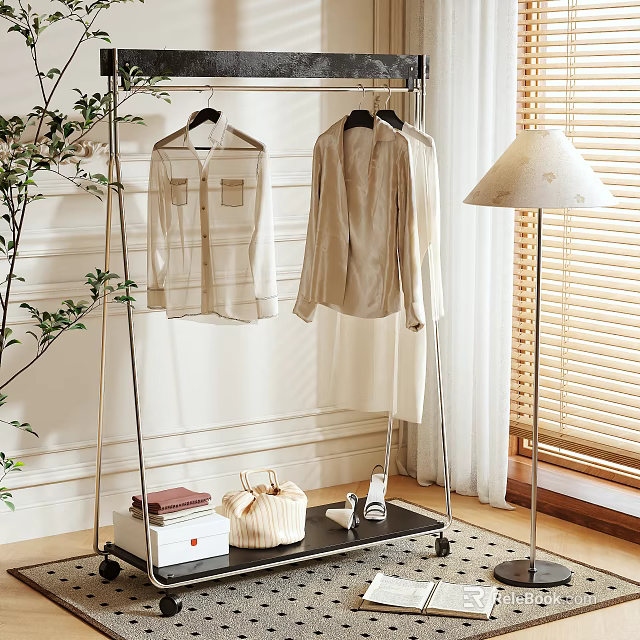 Modern Metal Clothes Rack With Hanging Shirts Floor Lamp And Plant In Bright Room 3d model 
