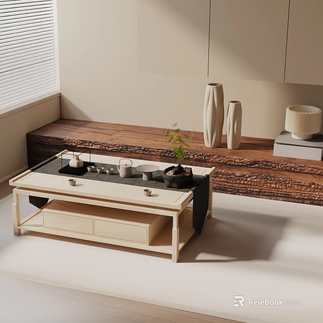 Minimalist Sofa and Coffee Table Set with Wooden Design and Decorative Items for Living Room 3d model 