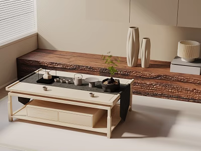 Minimalist Sofa and Coffee Table Set with Wooden Design and Decorative Items for Living Room 3d model