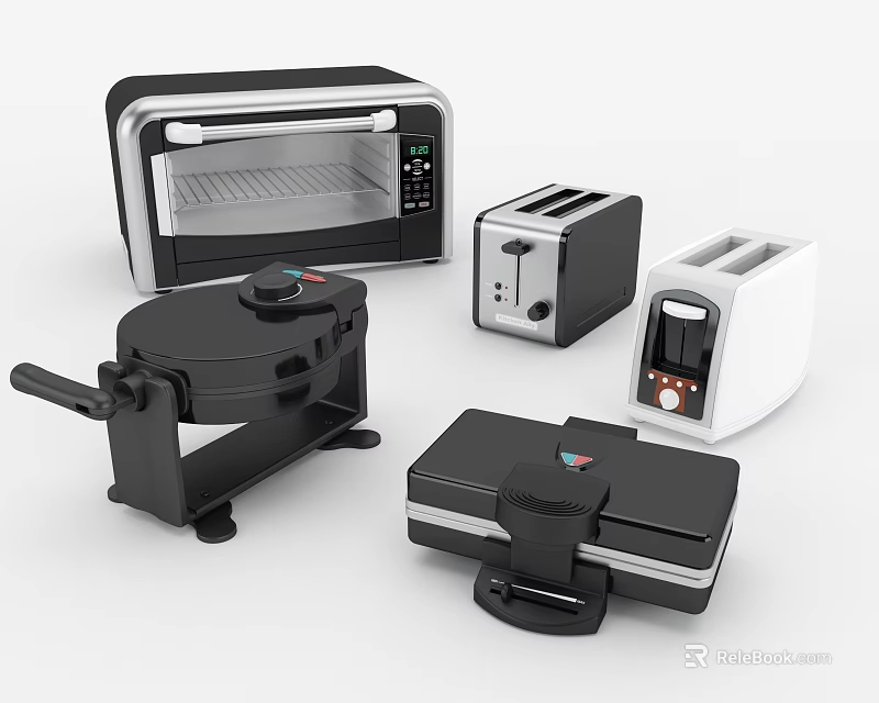 Black And White Office Appliances Collection Featuring Toaster Oven Toasters Waffle Maker And Sandwich Maker 3d model 