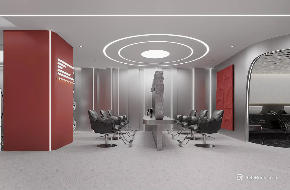 Modern Beauty Salon Interior With Red Walls Gray Sofas Circular Ceiling Lights And Marble Table 3d model 
