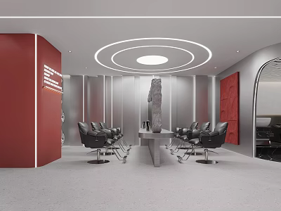 Modern Beauty Salon Interior With Red Walls Gray Sofas Circular Ceiling Lights And Marble Table 3d model