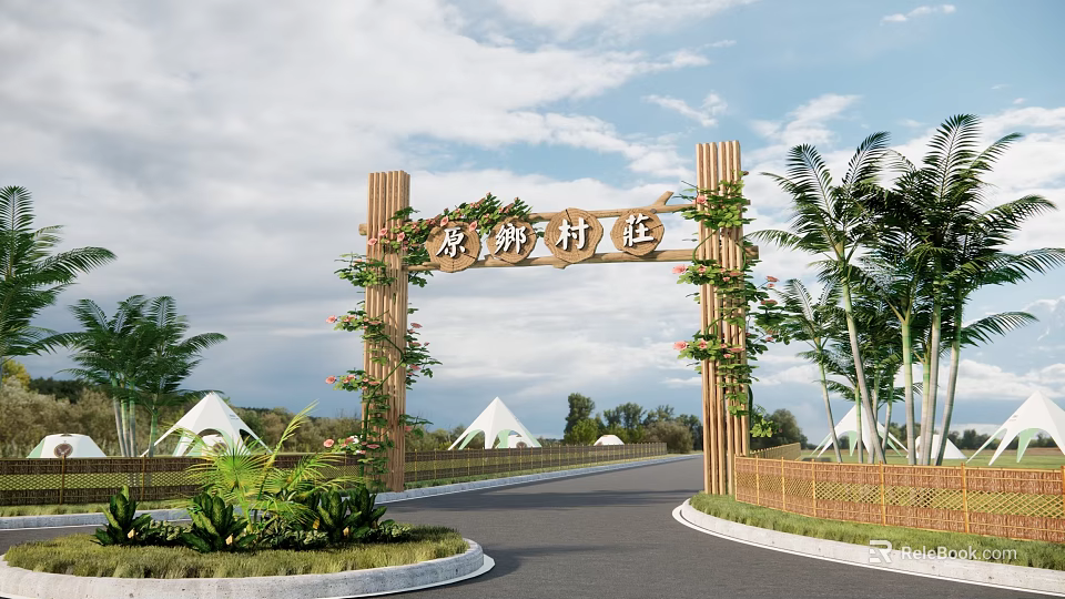 Wooden Village Entrance Gate Adorned With Vines Flowers And Surrounded By Greenery Tents 3d model 