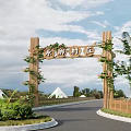 Wooden Village Entrance Gate Adorned With Vines Flowers And Surrounded By Greenery Tents