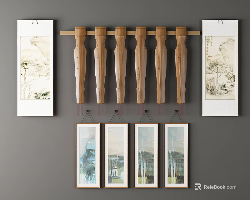 Traditional Landscape Paintings With Wooden Scroll Rods And Framed Artworks Hanging On Wall 3d model 