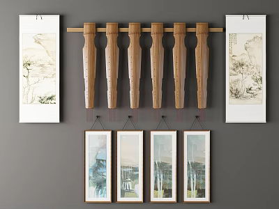 Traditional Landscape Paintings With Wooden Scroll Rods And Framed Artworks Hanging On Wall 3d model