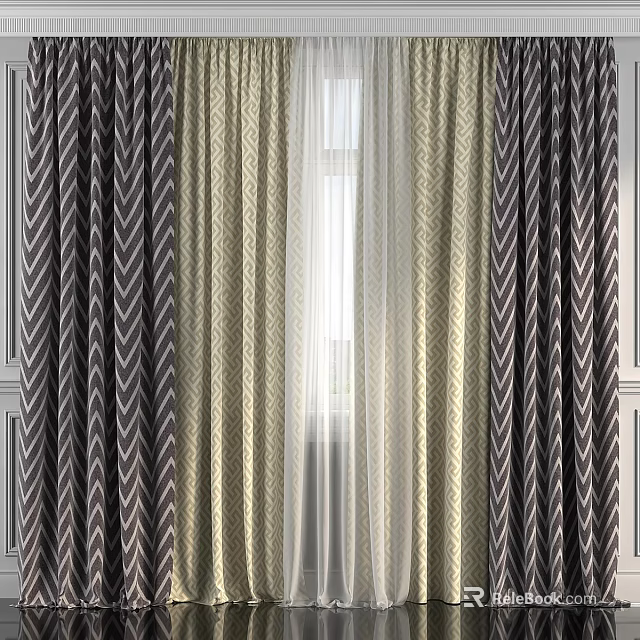 Geometric Pattern Curtains With Sheer Panels And Two Tone Design For Home Windows 3d model 