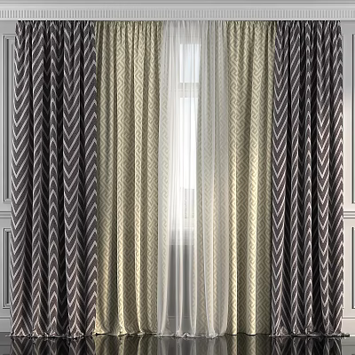 Geometric Pattern Curtains With Sheer Panels And Two Tone Design For Home Windows 3d model