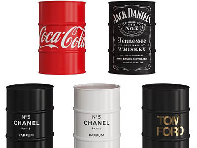 Colorful Industrial Barrels Featuring Coca Cola Jack Daniel Chanel And Tom Ford Logos 3d model