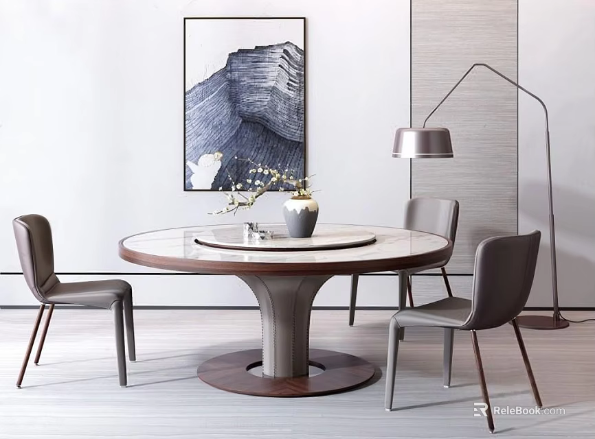 Modern Round Dining Table Set With Grey Chairs Artwork And Floor Lamp 3d model