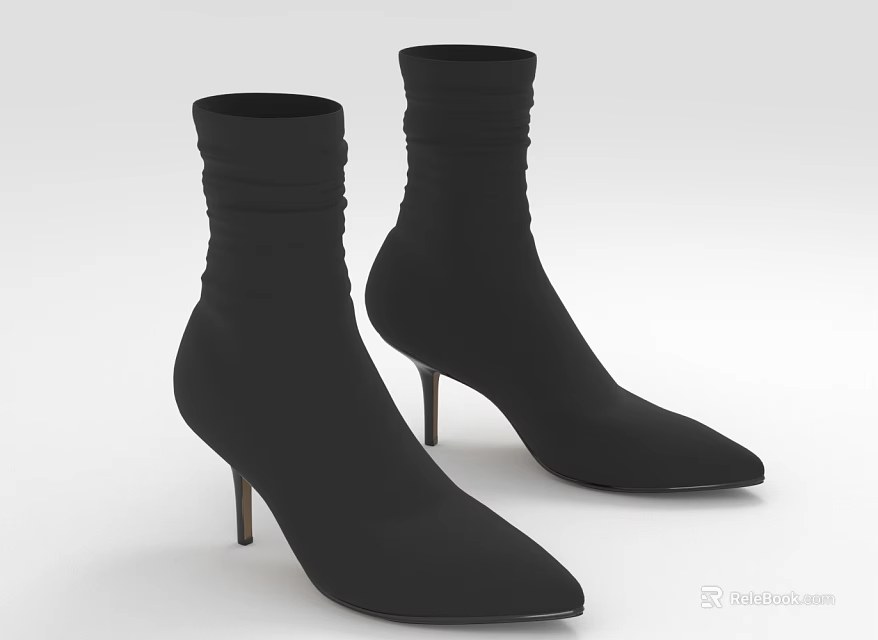 Stylish Black Ankle Boots With Stiletto Heels Pointed Toes Ruched Knit Design 3d model 
