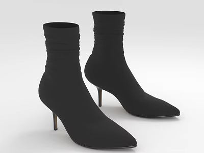 Stylish Black Ankle Boots With Stiletto Heels Pointed Toes Ruched Knit Design 3d model
