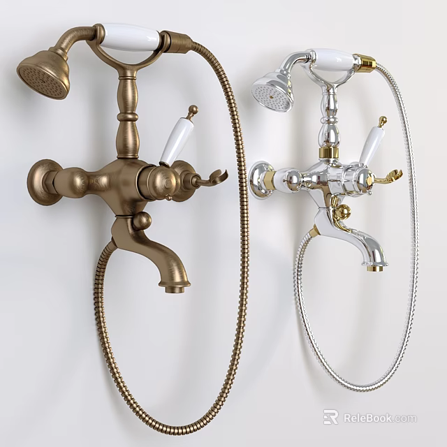 Brass and Chrome Wall Mounted Shower Faucets with Handheld Sprayers and Control Knobs 3d model