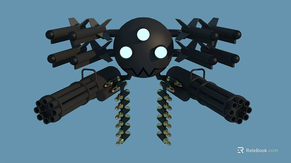 Spider Shaped Weapon with Multiple Barrels Missiles and Ammunition Chains 3D Model Design 3d model 
