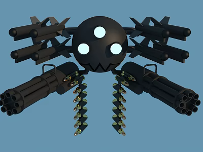 Spider Shaped Weapon with Multiple Barrels Missiles and Ammunition Chains 3D Model Design 3d model