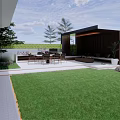 Modern Courtyard Garden With Outdoor Seating Covered Pergola Green Lawn And Decorative Stones