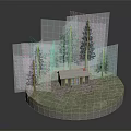 Cartoon Scene of Small Wooden Cabin on Circular Platform With Surrounding Trees and Purple Flowers