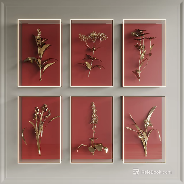 Wall Decor With Golden Plants On Red Background In Gold Frames 3d model