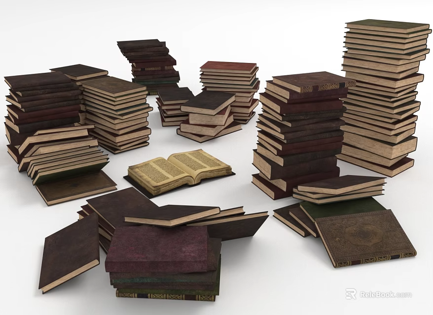 Books and Magazines Stacks with Open Book Various Colors and Different Sizes 3d model 